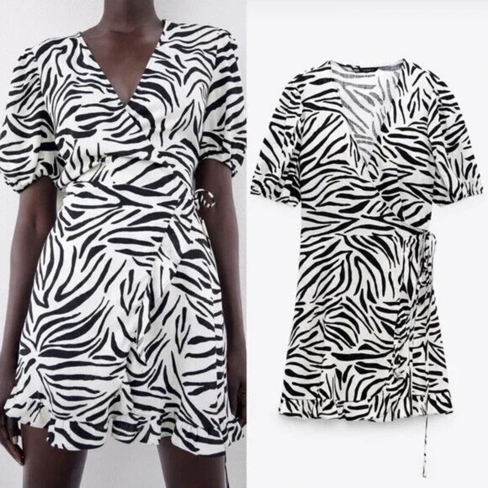 RA Zebra Print Wrap Dress Puff Sleeve Ruffle Linen Bl Black White Animal Print S